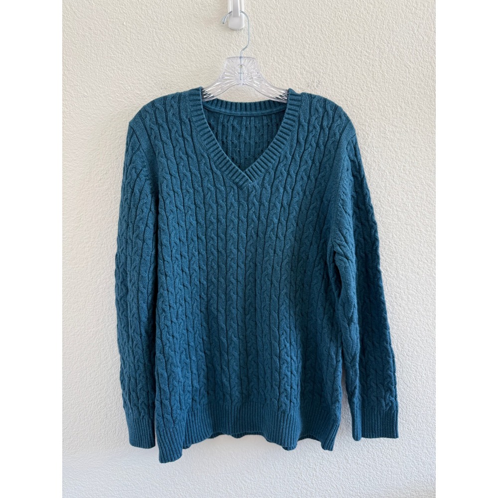 Kohl's Women's Teal Blue Cable Knit V-Neck 100% Cotton Sweater